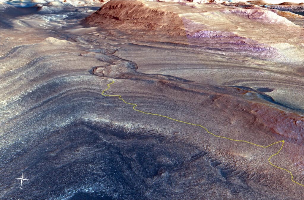 The steep path NASA’s Curiosity Mars rover took to reach Gediz Vallis channel is indicated in yellow in this visualization made with orbital data