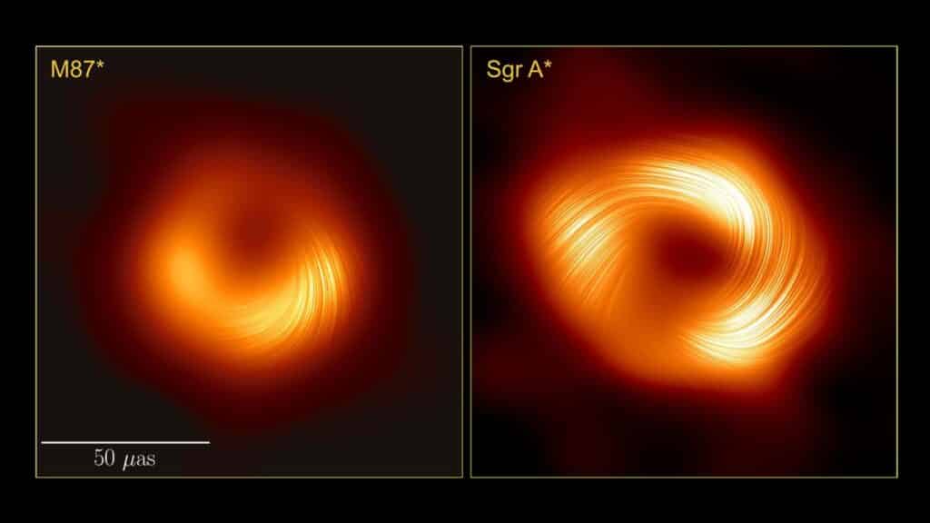 Seen here in polarized light, this side-by-side image of the supermassive black holes M87* and Sagittarius A* indicates to scientists that these beasts have similar magnetic field structures