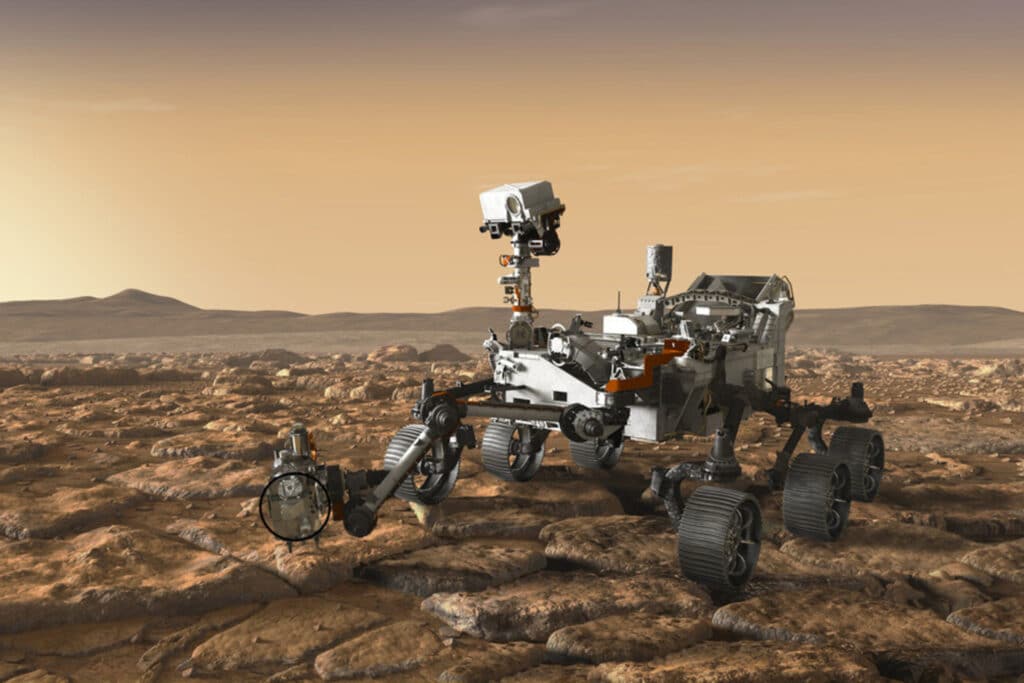 MIT geologists determined the original orientation of many of the bedrock samples collected on Mars by the Perseverance rover, depicted in this image rendering