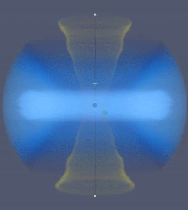 A computer simulation of an intermediate-mass black hole orbiting a supermassive black hole, and driving periodic gas plumes that can explain the observations