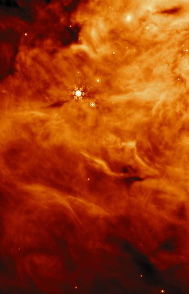 This image at a wavelength of 15 microns was taken by MIRI (the Mid-Infrared Instrument) on NASA’s James Webb Space Telescope, of a region near the protostar known as IRAS 23385