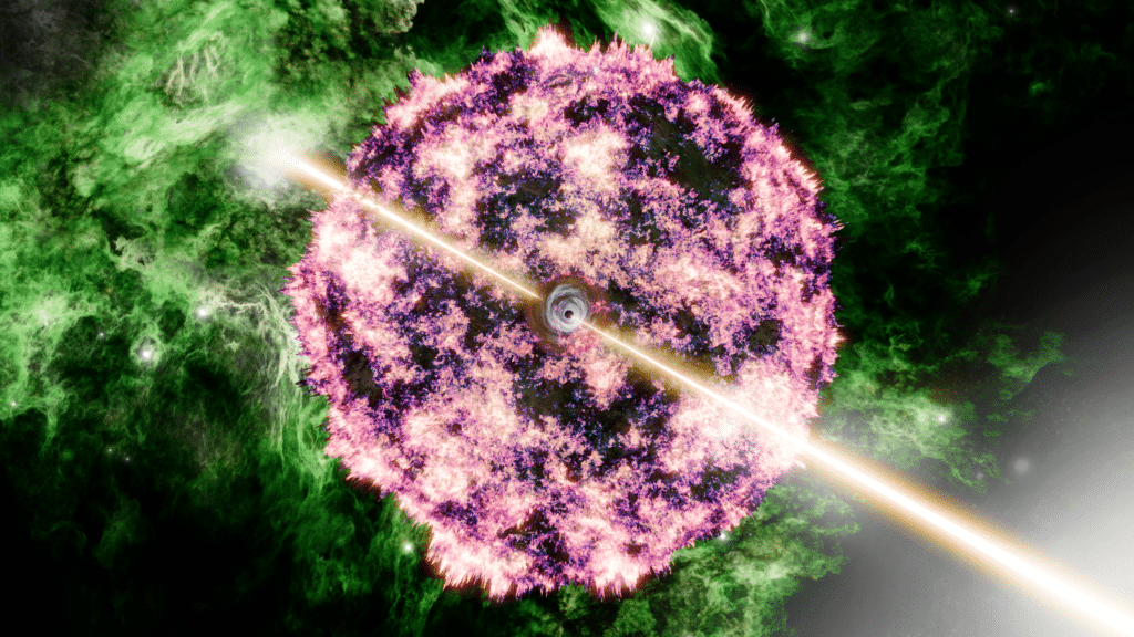 Artist's visualization of GRB 221009A showing the narrow relativistic jets — emerging from a central black hole — that gave rise to the GRB and the expanding remains of the original star ejected via the supernova explosion