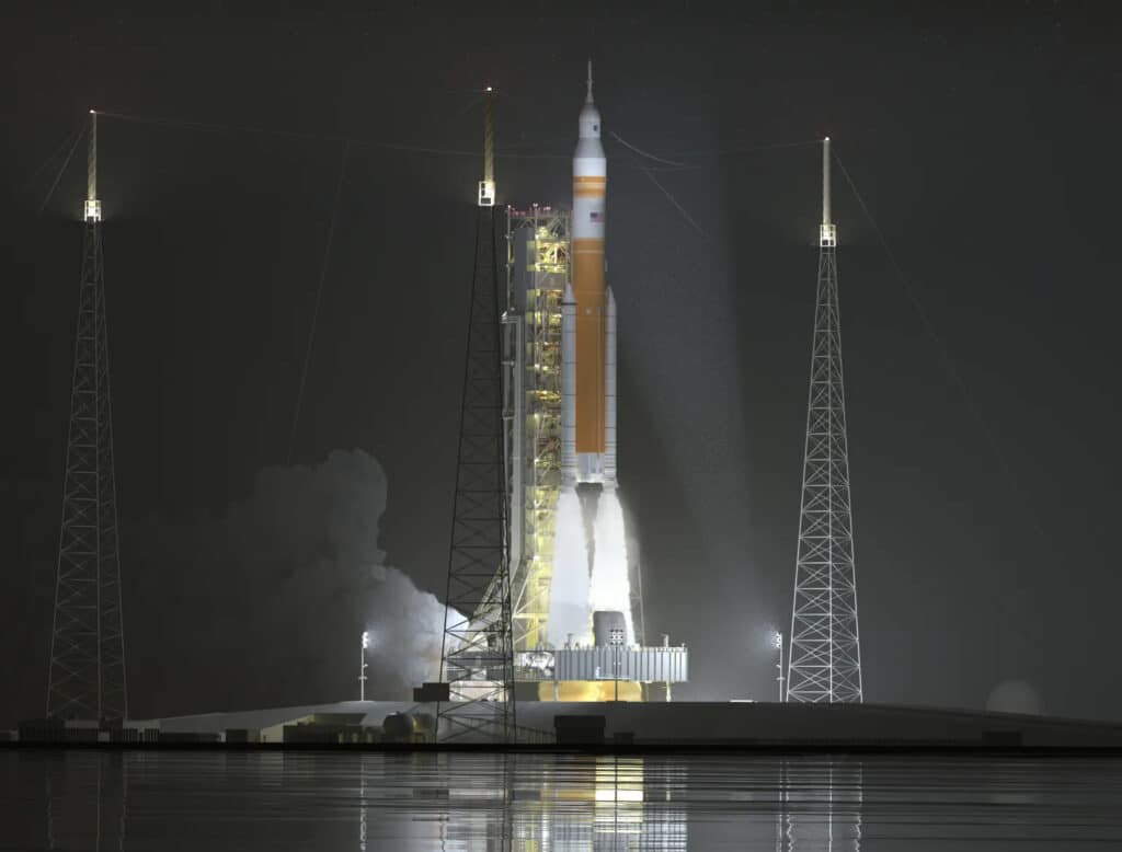 Artist’s concept of the Block 1B crew configuration of NASA’s Space Launch System (SLS) rocket during lift-off from a new mobile launcher for a night launch