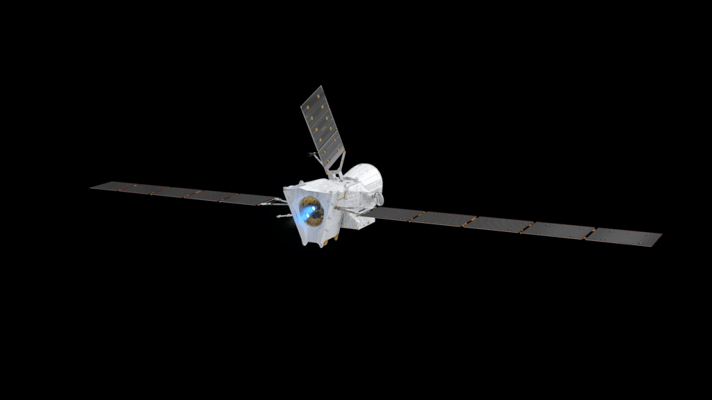 The BepiColombo Mercury Transfer Module (foreground, with two large solar wings) carries the Mercury Planetary Orbiter (middle, with one solar wing pointing up) and the Mercury Magnetospheric Orbiter (hidden inside the solar shield, on the far side) to Mercury.