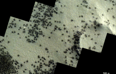 This image shows features known as ‘spiders’ near Mars’s south pole, as seen by the CaSSIS (Colour and Stereo Surface Imaging System) instrument aboard ESA’s ExoMars Trace Gas Orbiter