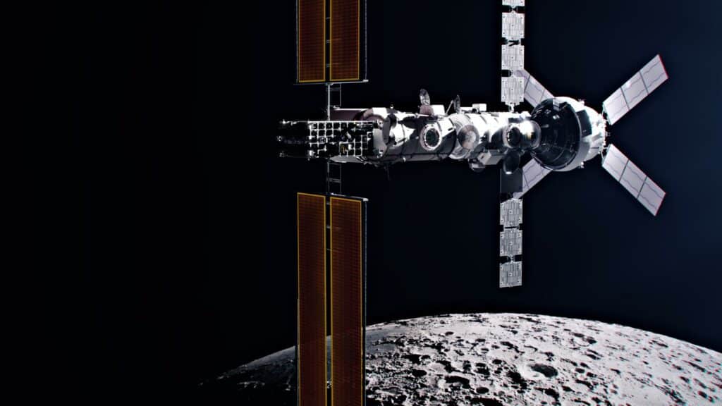 The Gateway space station hosts the Orion spacecraft and SpaceX’s deep space logistics spacecraft in a polar orbit around the Moon, supporting scientific discovery on the lunar surface during the Artemis IV mission