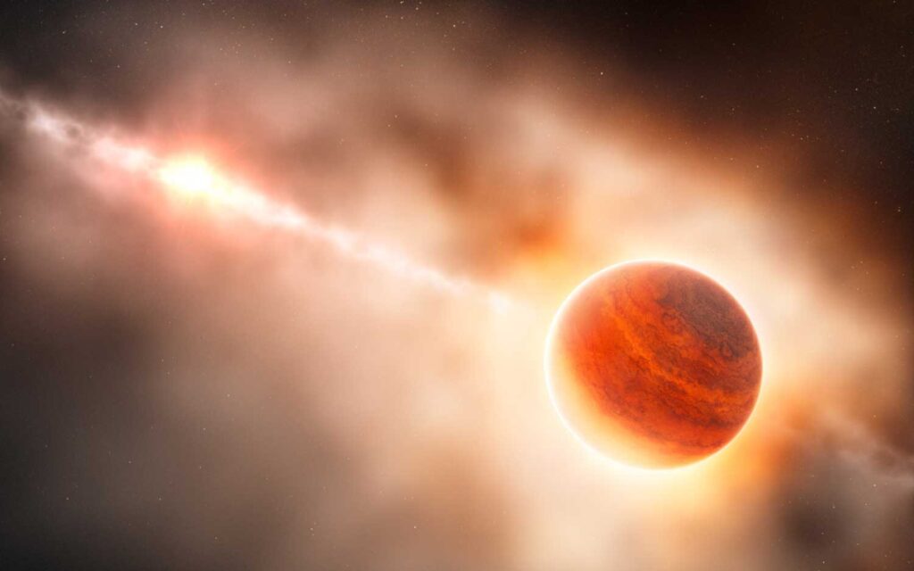 This artist’s impression shows the formation of a gas giant planet embedded in the disk of dust and gas in the ring of dust around a young star