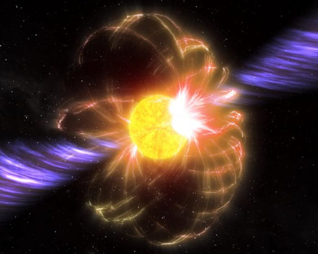 Artist’s impression of a magnetar with magnetic field and powerful jets