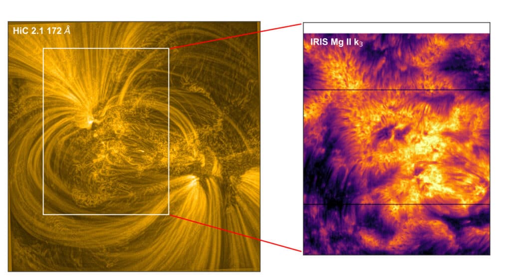 At the center of this image (left) from NASA’s High Resolution Coronal Imager sounding rocket is a small-scale, patchy structure on the Sun that solar physicists call “moss.” 